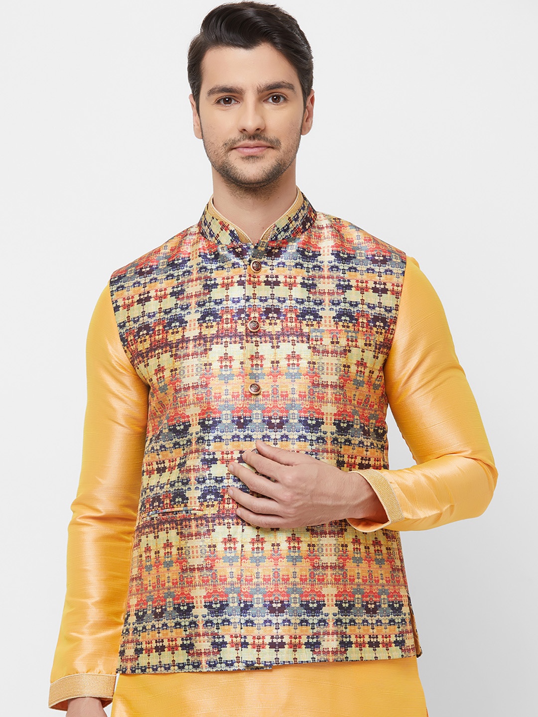 

N Dot Men Cream-Coloured & Blue Printed Woven Nehru Jacket