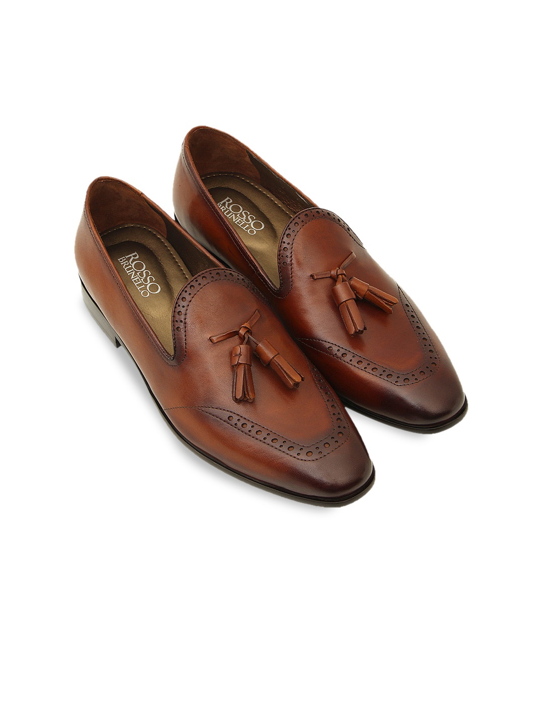 

ROSSO BRUNELLO Men Tan Brown Textured Formal Leather Tasseled Loafers