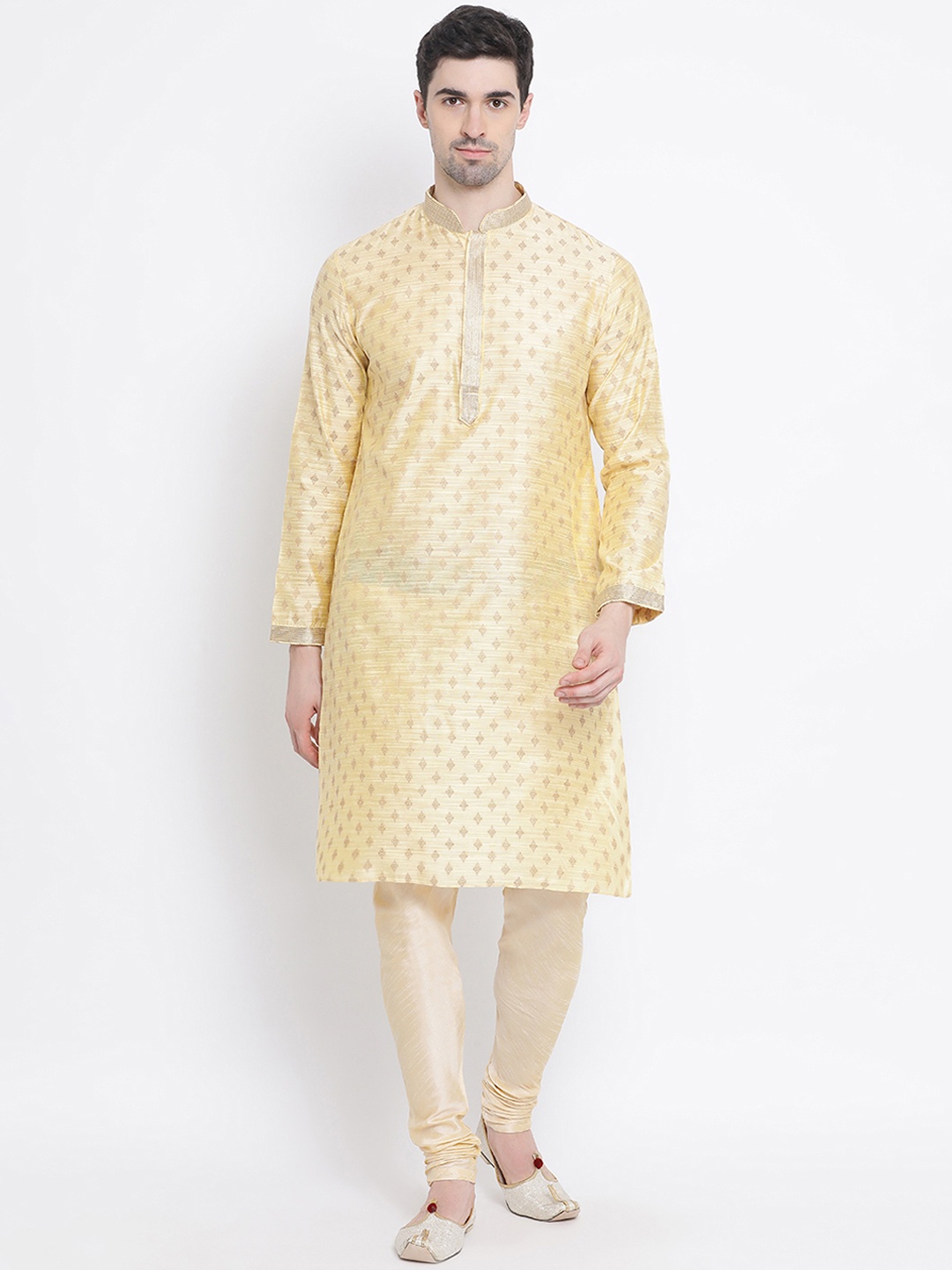 

Sanwara Men Yellow & Gold-Toned Woven Design Pure Silk Kurta with Churidar