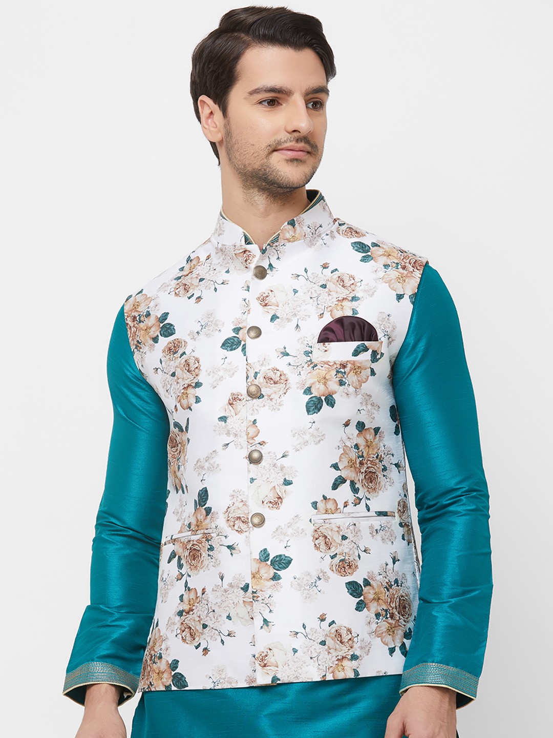 

N Dot Men White Printed Woven Silk Nehru Jacket