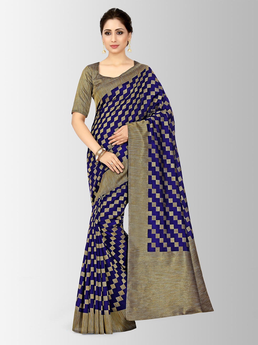 

MIMOSA Navy Blue Art Silk Checked Patola Saree