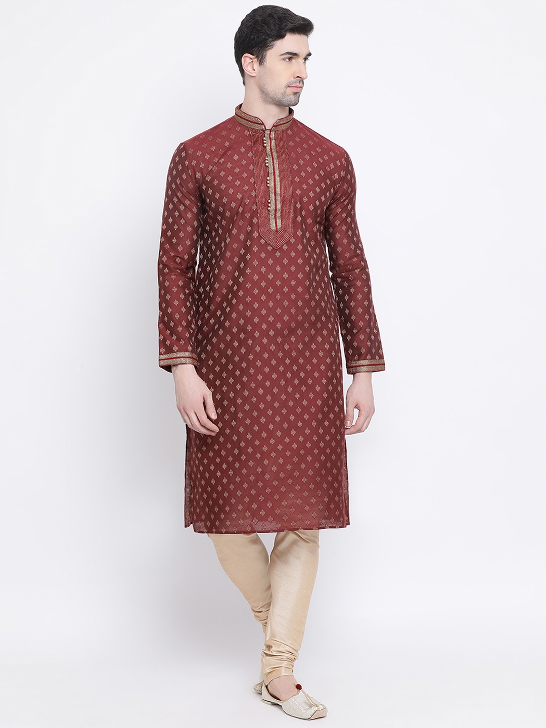 

Sanwara Men Maroon & Gold-Coloured Self Design Silk Kurta with Churidar