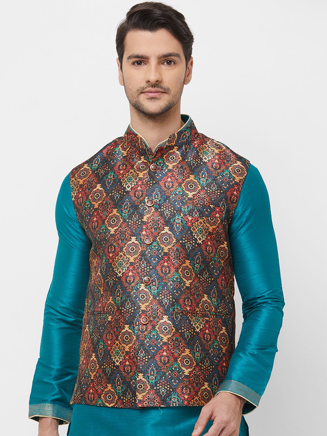 

N Dot Men Navy Blue & Rust Brown Printed Woven Nehru Jacket