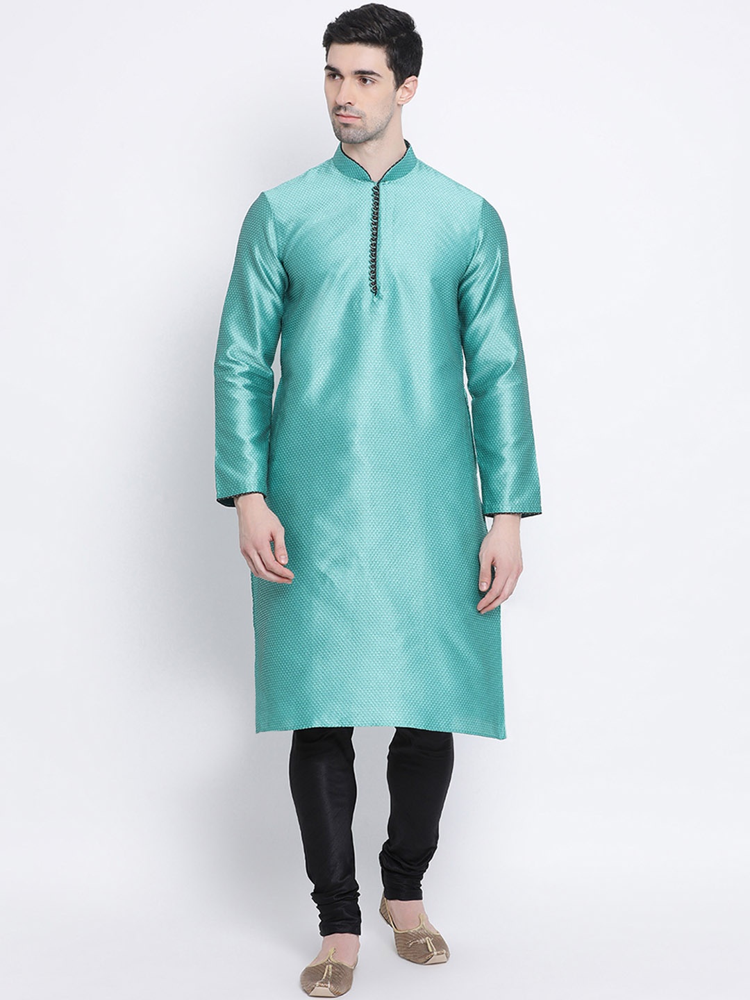 

Sanwara Men Green & Black Self Design Pure Silk Kurta with Churidar