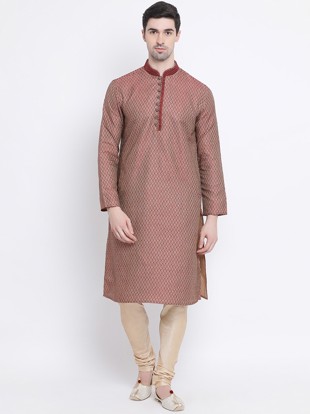 

Sanwara Men Maroon & Beige Self Design Kurta with Churidar