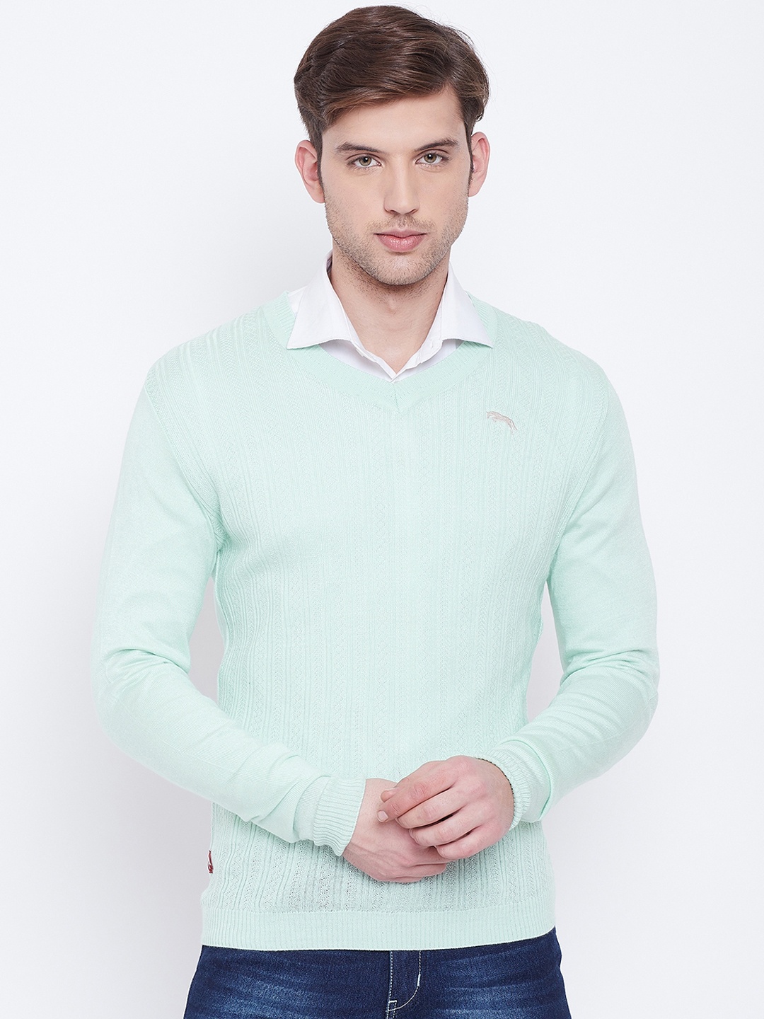 

JUMP USA Men Green Solid Pullover Sweater