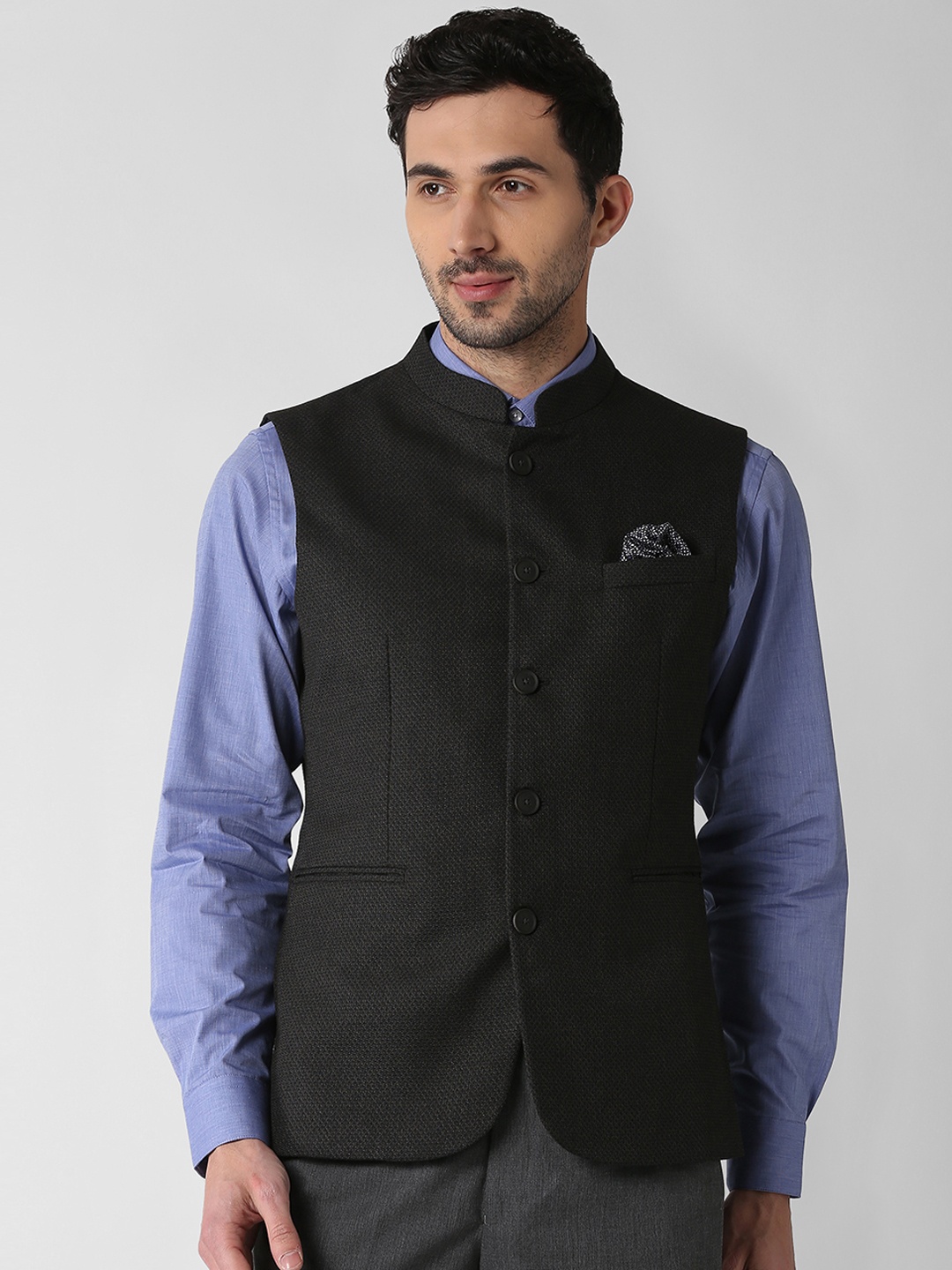 

Peter England Elite Men Black Woven Design Nehru Jacket