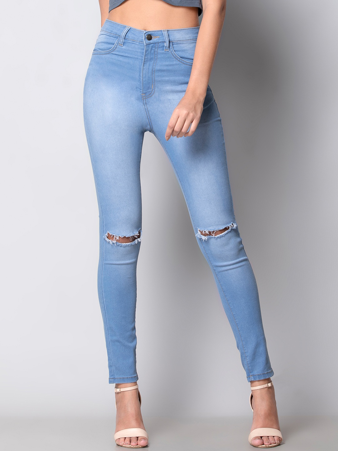 

FabAlley Women Blue Tapered Fit High-Rise Slash Knee Stretchable Jeans