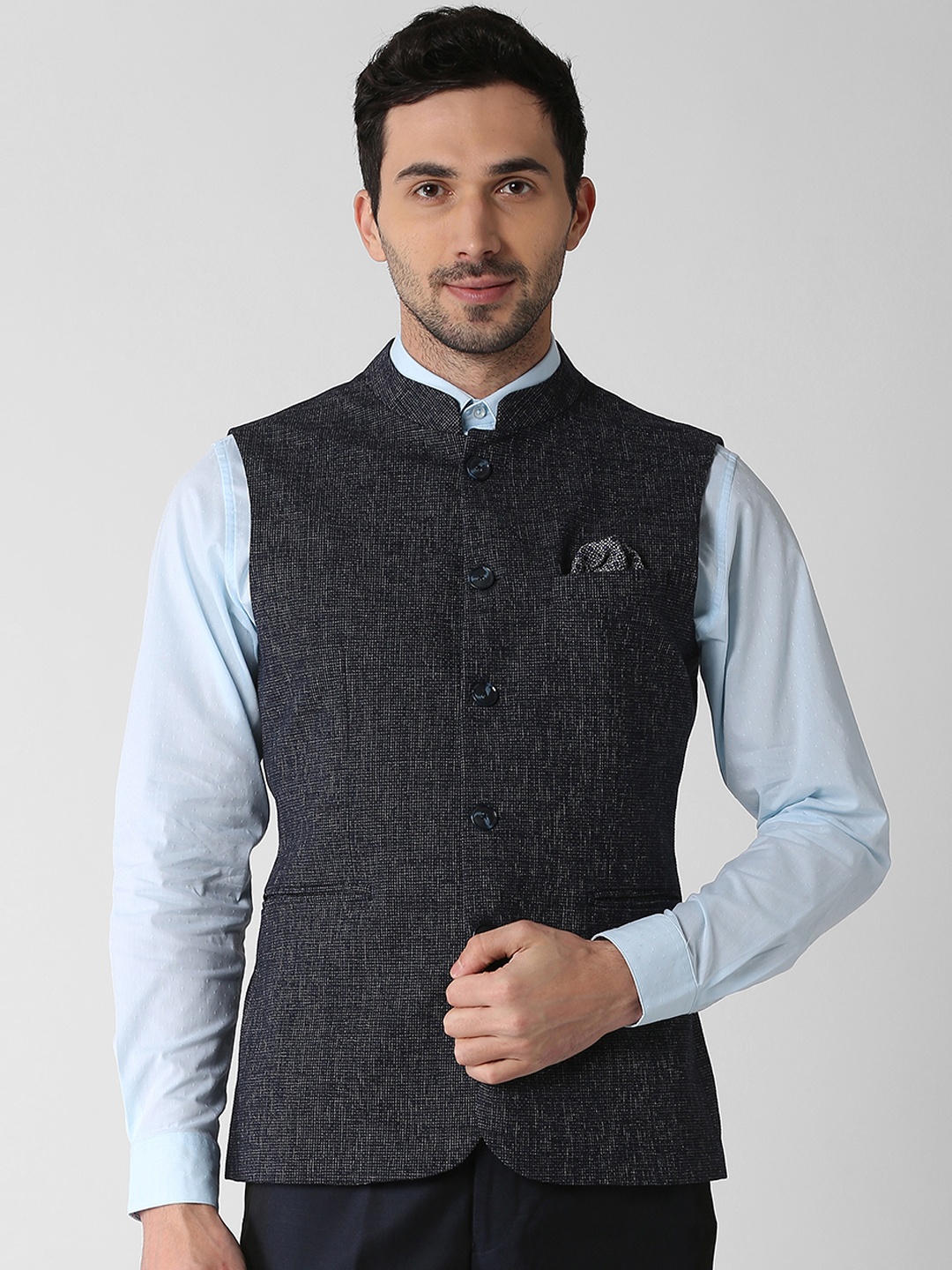 

Peter England Elite Men Grey Solid Woven Nehru Jacket