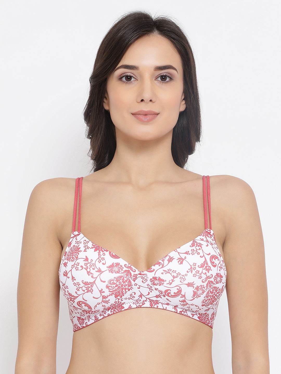 

Clovia White & Pink Printed Non-Wired Lightly Padded T-shirt Bra BR1789P1832B