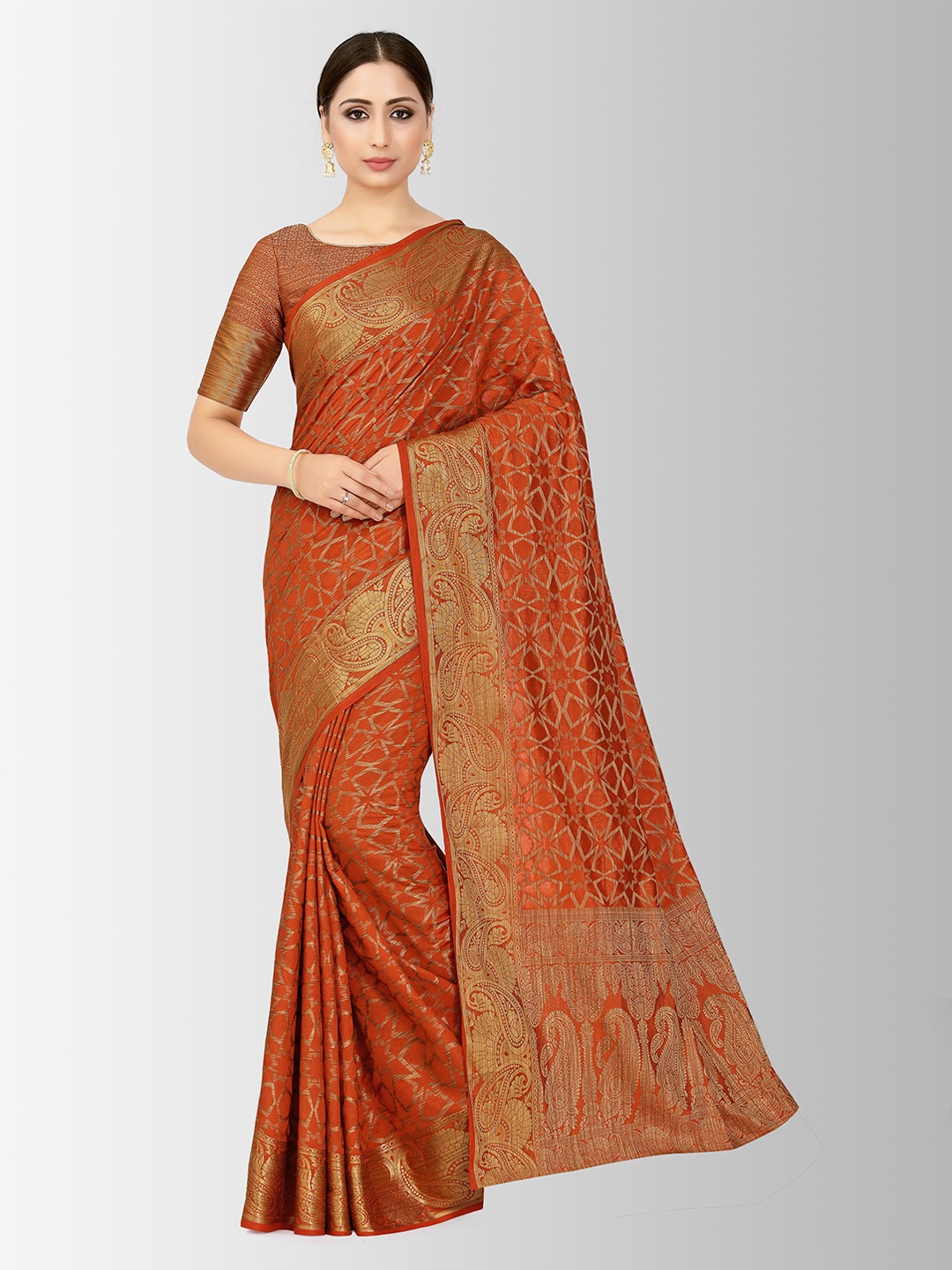 

MIMOSA Rust Brown & Gold-Toned Art Silk Woven Design Patola Saree
