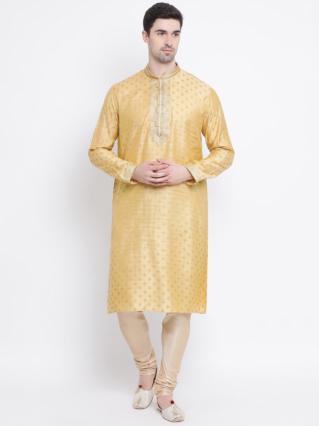 

Sanwara Men Yellow & Gold-Coloured Self Design Silk Kurta with Churidar