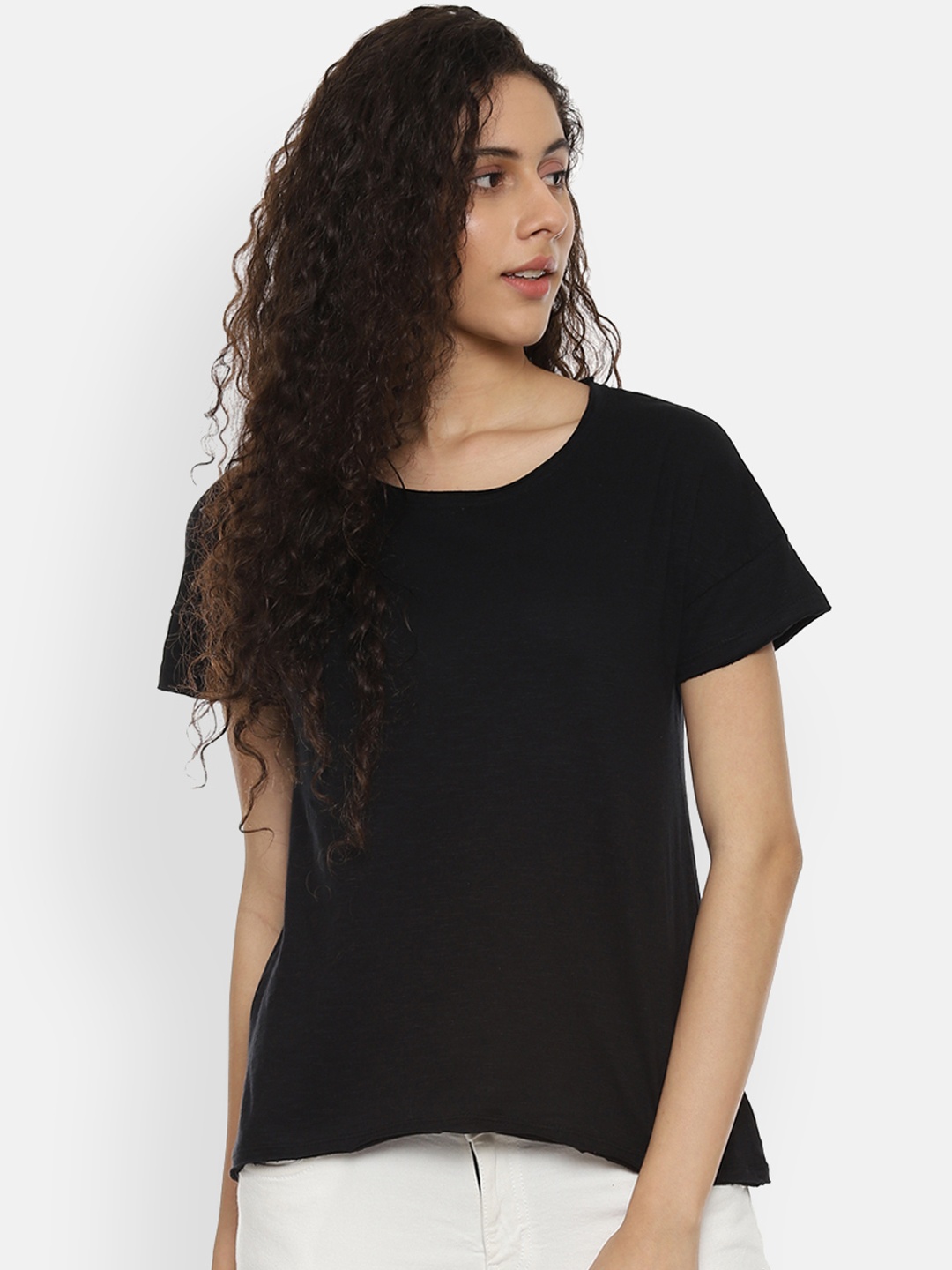 People Women Black Solid Pure Cotton Top