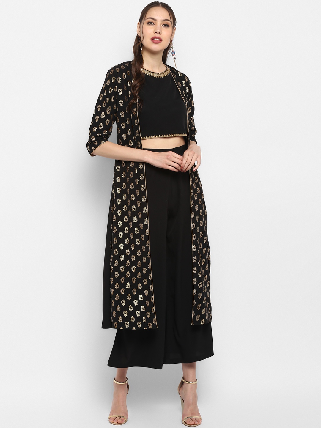 

Janasya Women Black & Gold-Coloured Printed Top with Palazzos & Ethnic Jacket