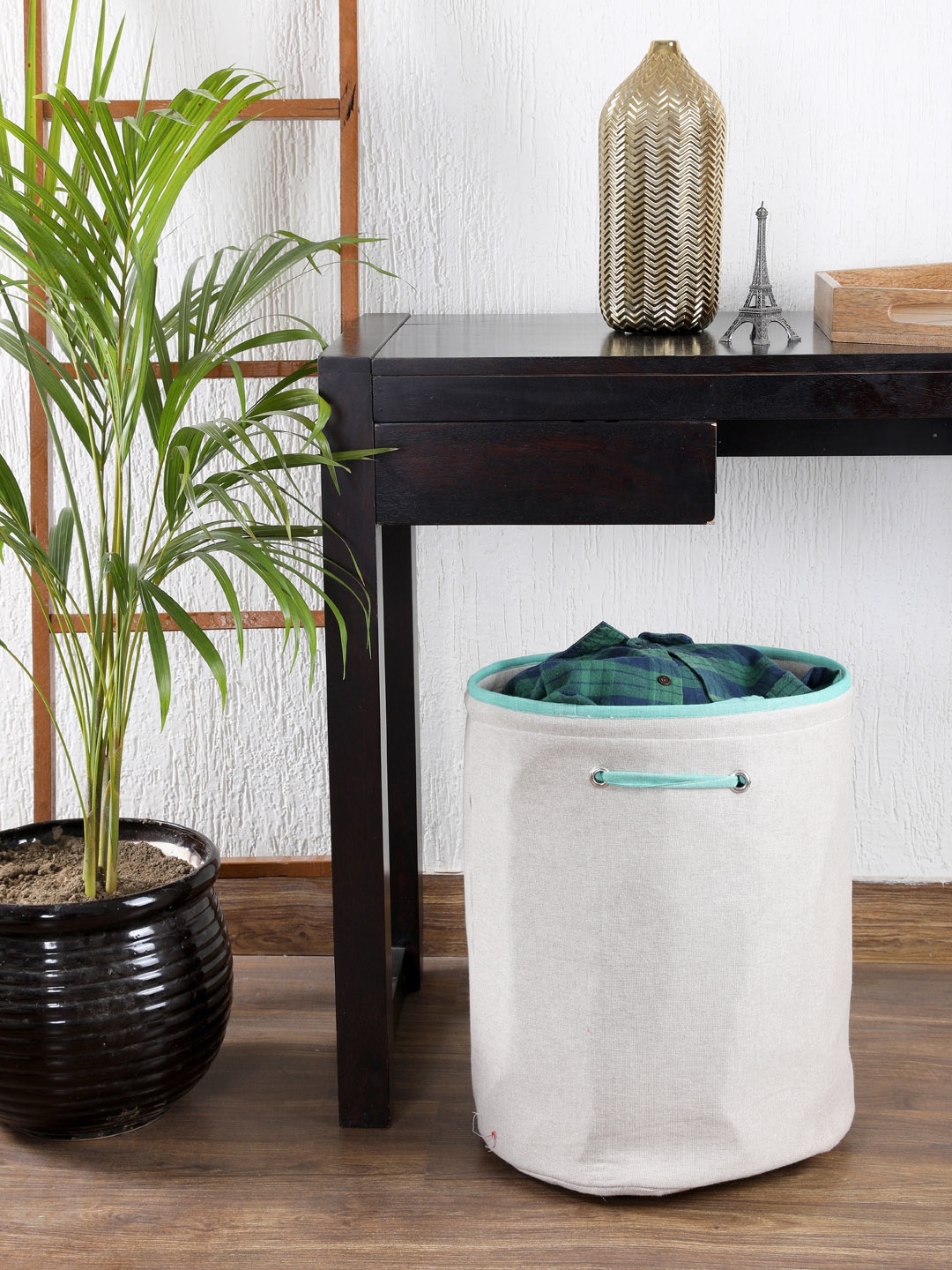 

My Gift Booth Grey & Turquoise Blue Solid Linen Laundry Bag