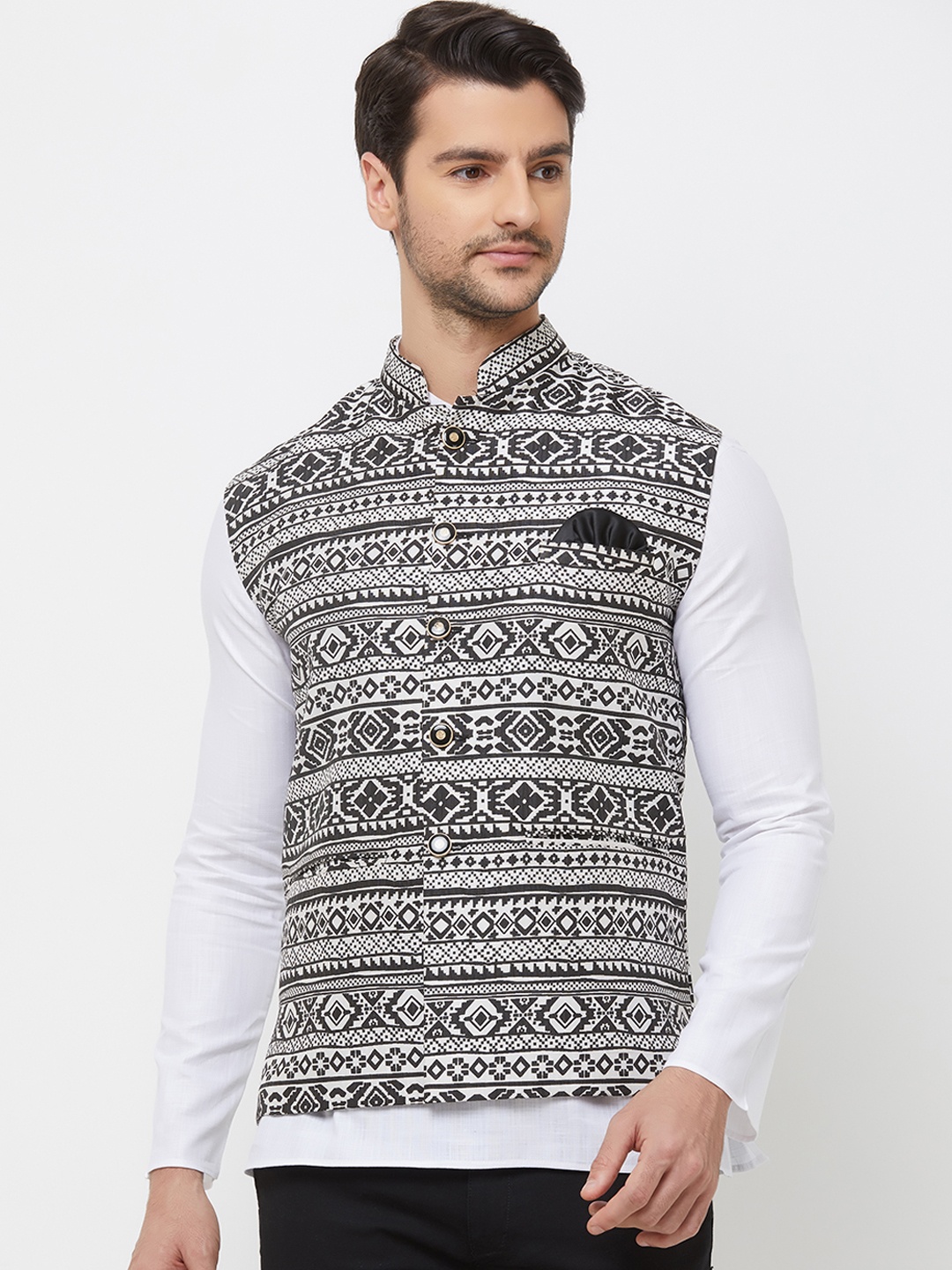 N Dot Men Black & White Aztec Printed Nehru Jacket
