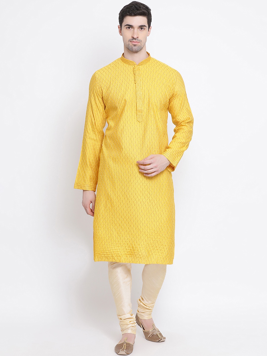 

Sanwara Men Yellow & Gold-Toned Self Design Pure Silk Kurta with Churidar