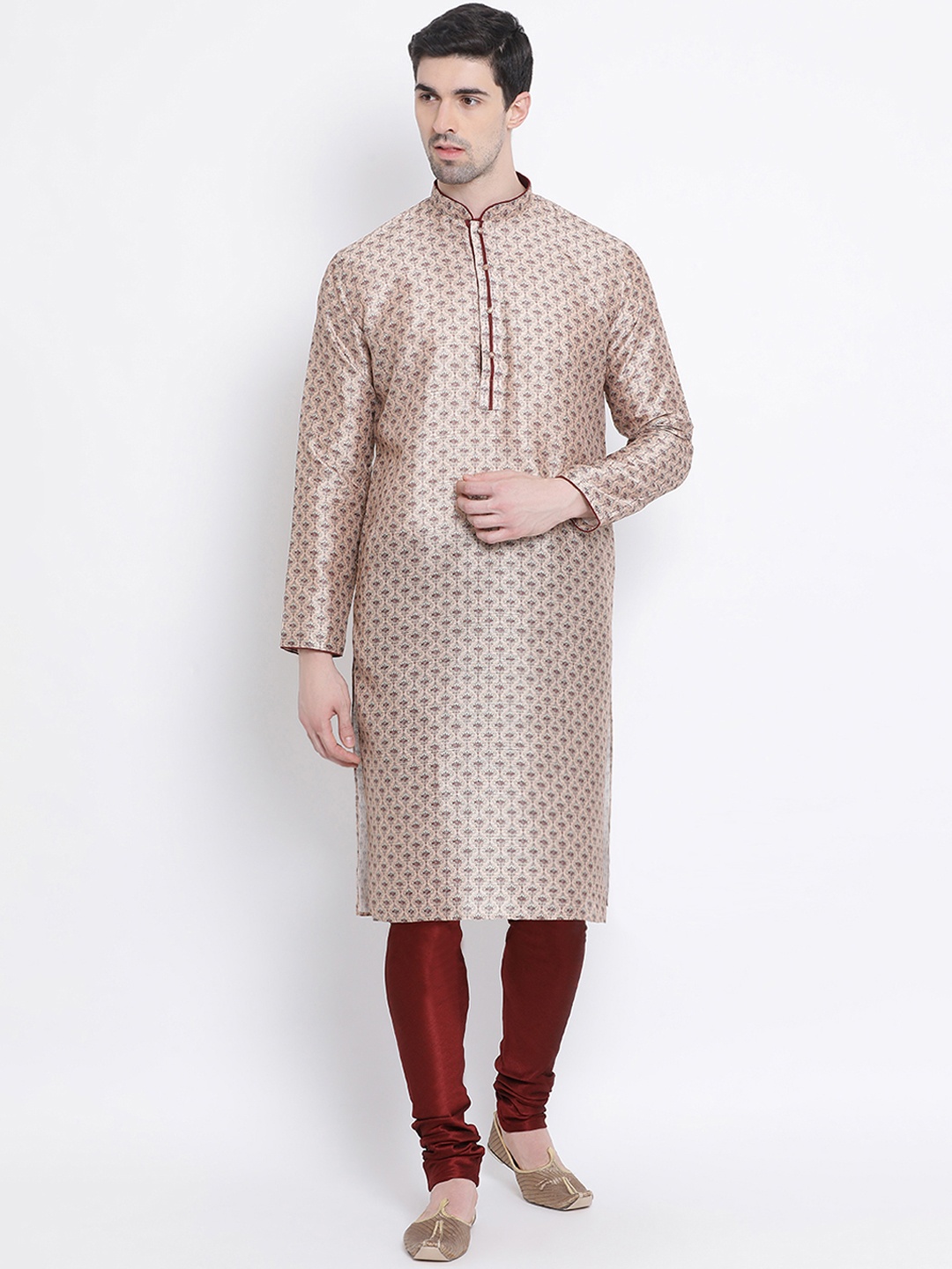 

Sanwara Men Peach-Coloured & Maroon Self Design Pure Silk Kurta with Churidar