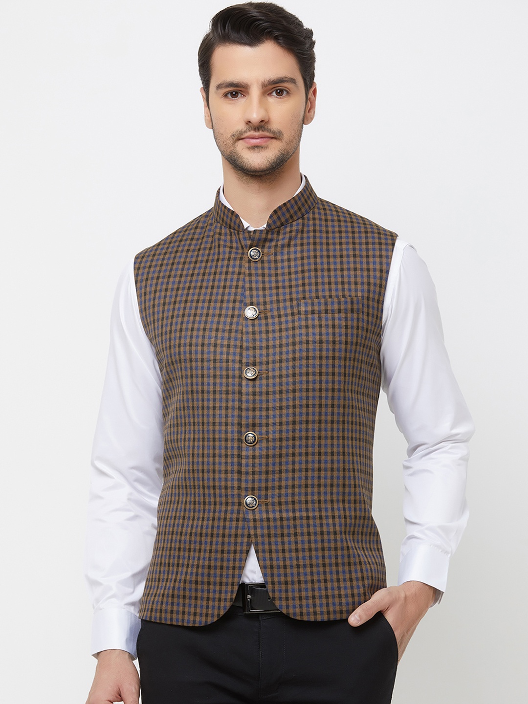 

N Dot Men Blue & Brown Checked Woven Nehru Jacket