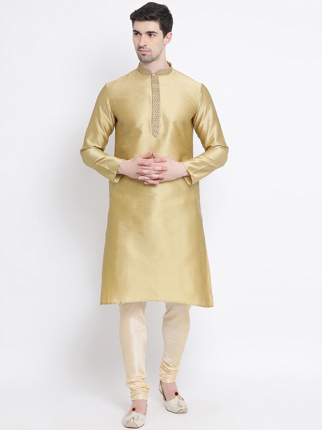 

Sanwara Men Gold-Toned & Beige Self Design Pure Silk Kurta with Churidar