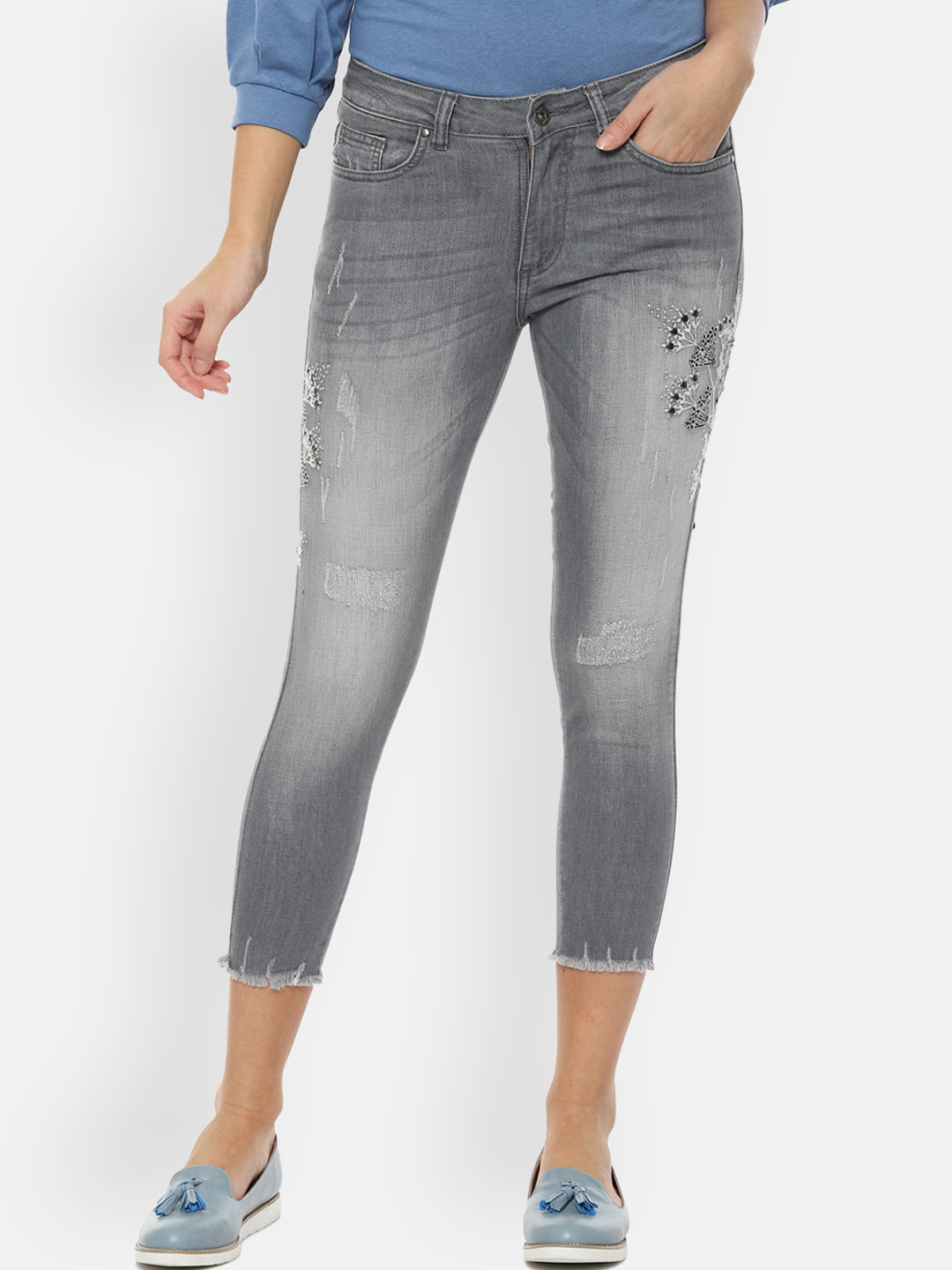 

People Women Grey Regular Fit Mid-Rise Mildly Distressed Stretchable Jeans