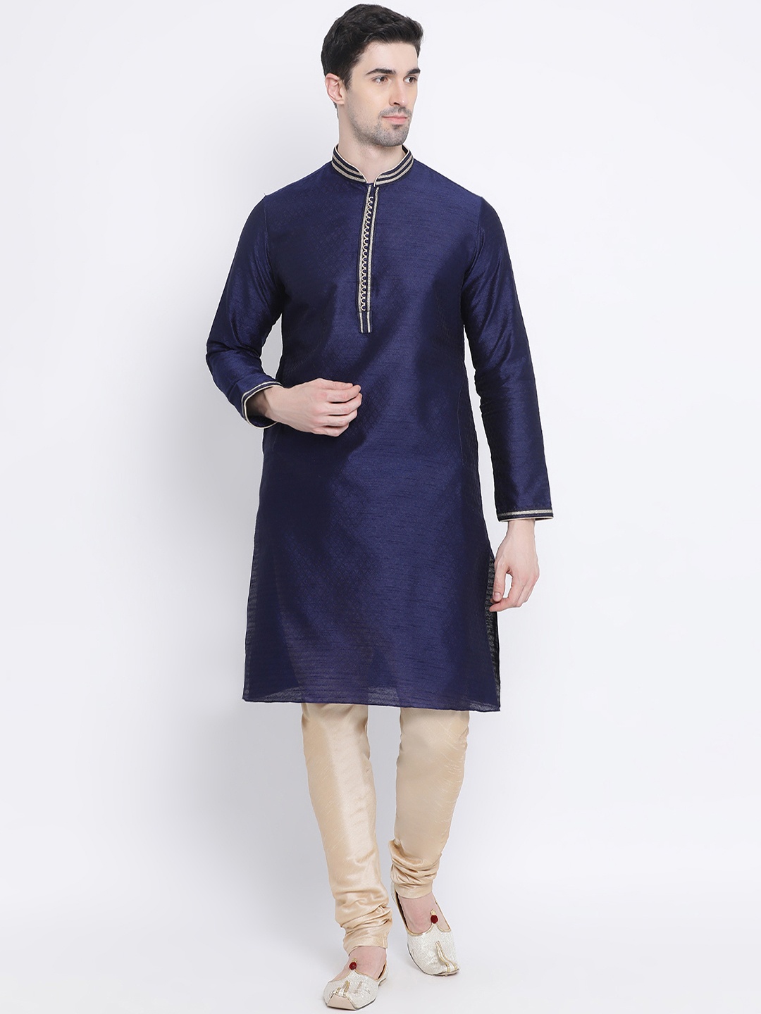 

Sanwara Men Navy Blue & Beige Self Design Silk Kurta with Churidar