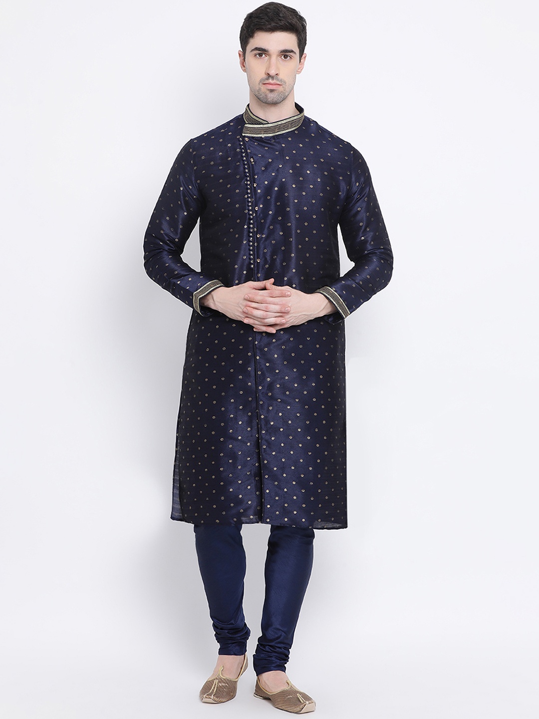

Sanwara Men Blue & Gold-Toned Woven Design Kurta with Churidar