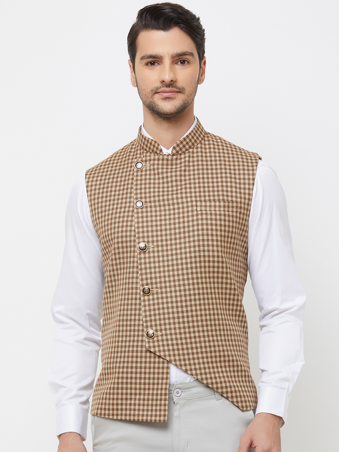 

N Dot Men Brown & Cream-Coloured Checked Nehru Jacket