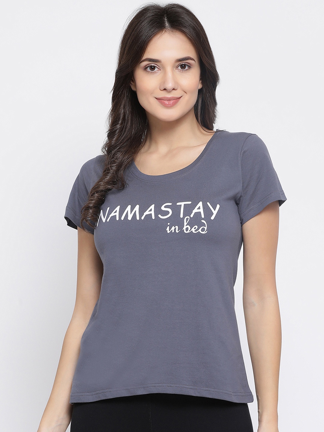 

Clovia Women Charcoal Grey & White Printed Lounge T-shirt