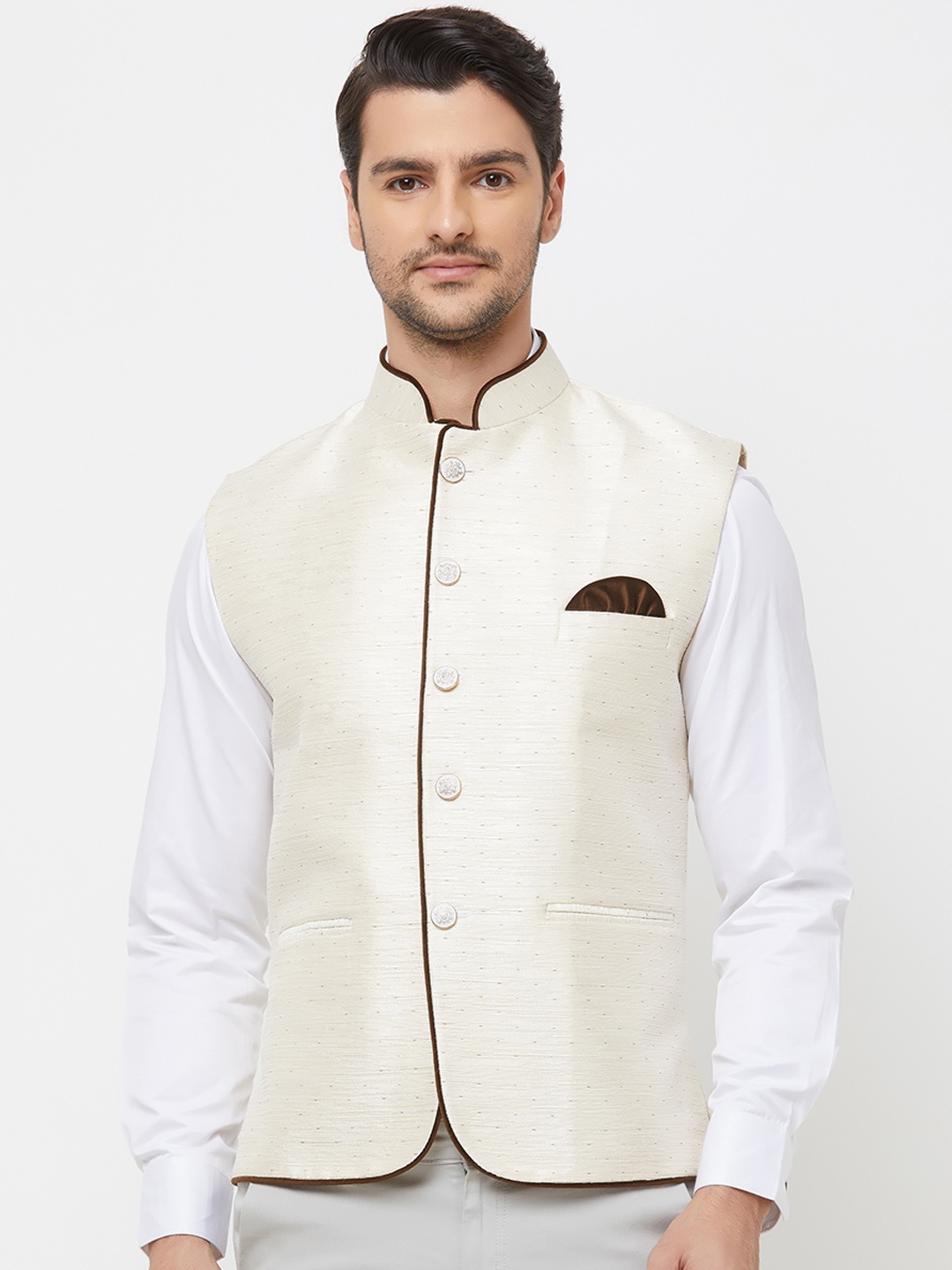 

N Dot Men Off White & Brown Solid Pure Silk Woven Nehru Jacket