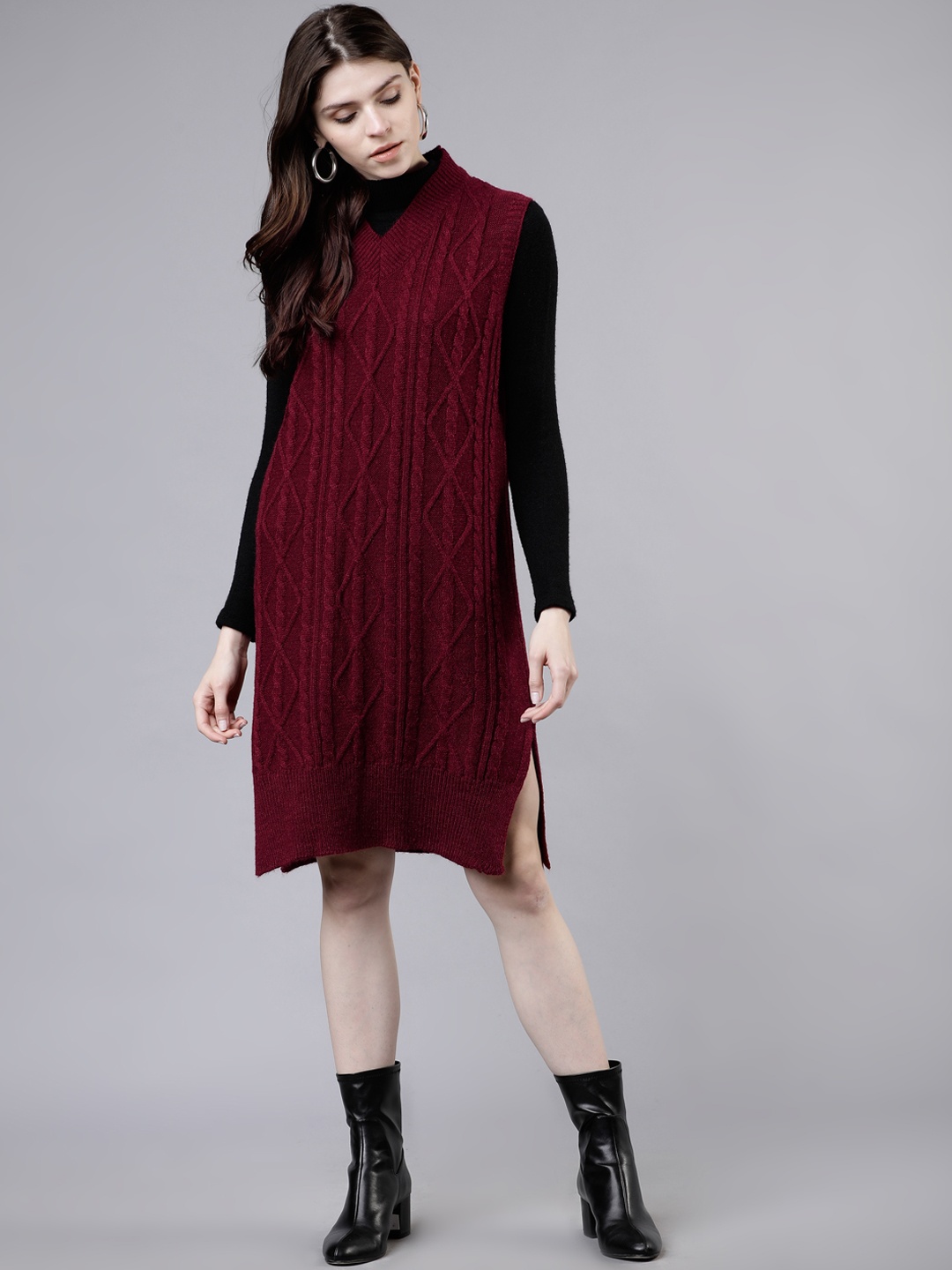 

Tokyo Talkies Women Maroon Self Design Jumper Dress