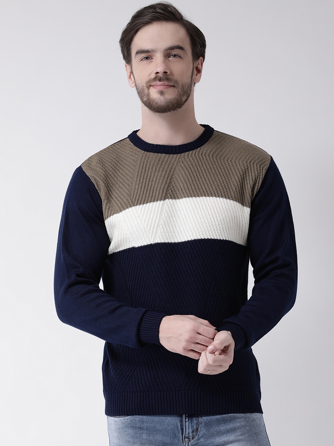 

COBB Men Navy Blue & Brown Colourblocked Pullover Sweater