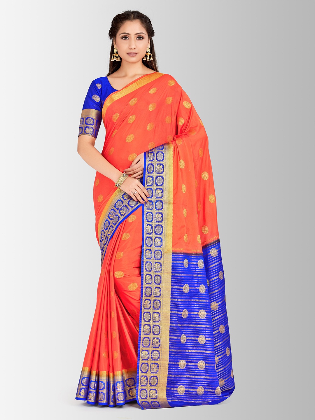 

MIMOSA Coral Orange Poly Crepe Woven Design Mysore Silk Saree