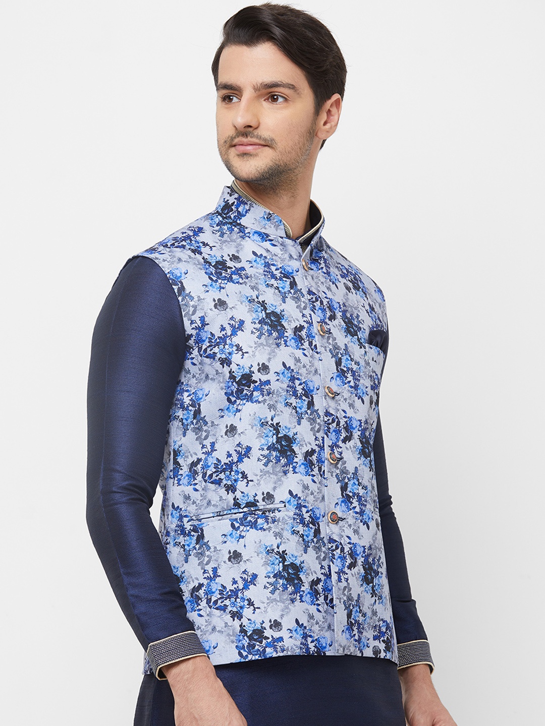 

N Dot Men Blue & Grey Floral Printed Woven Nehru Jacket