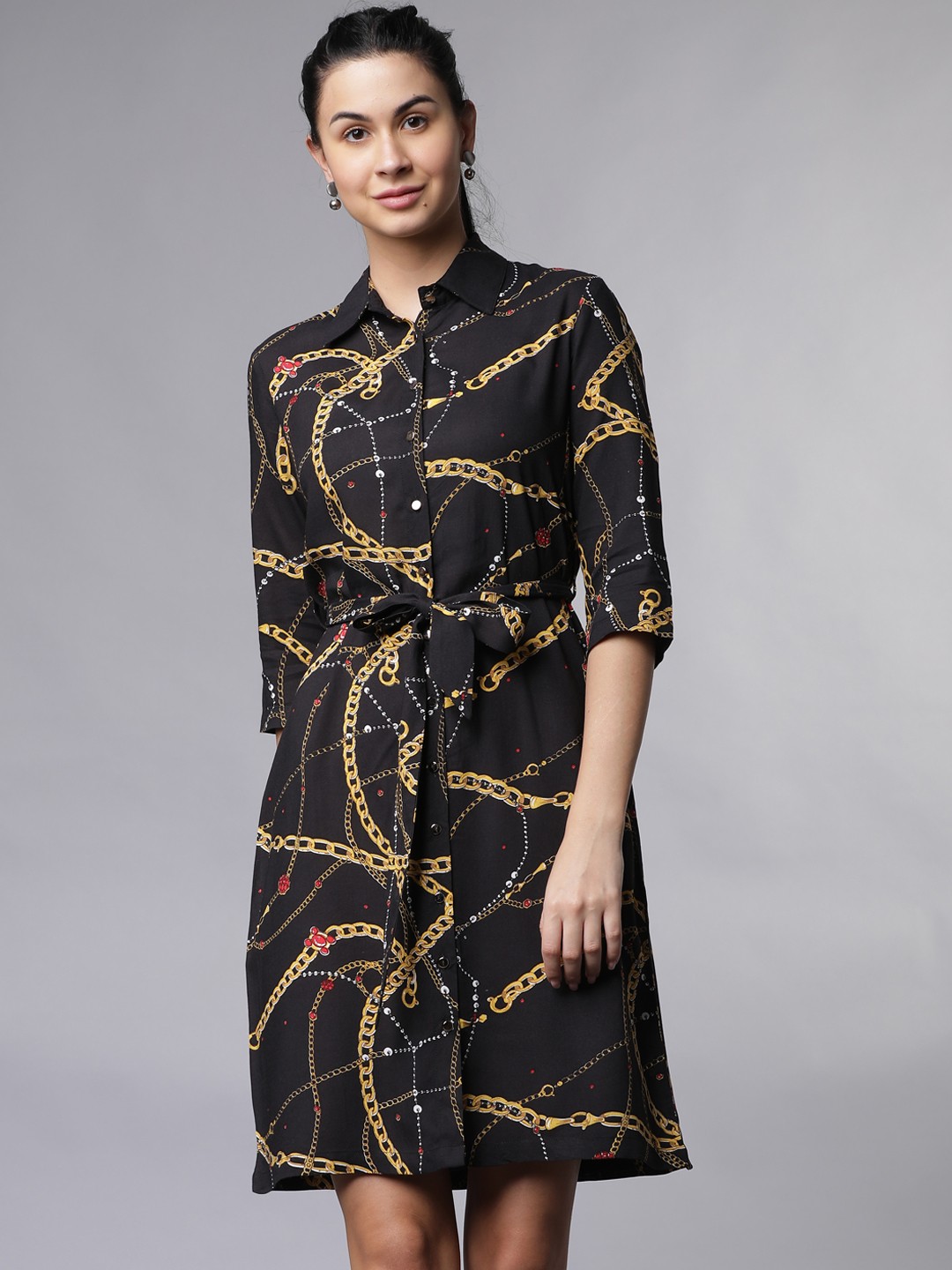 

Tokyo Talkies Women Black Printed Shirt Dress