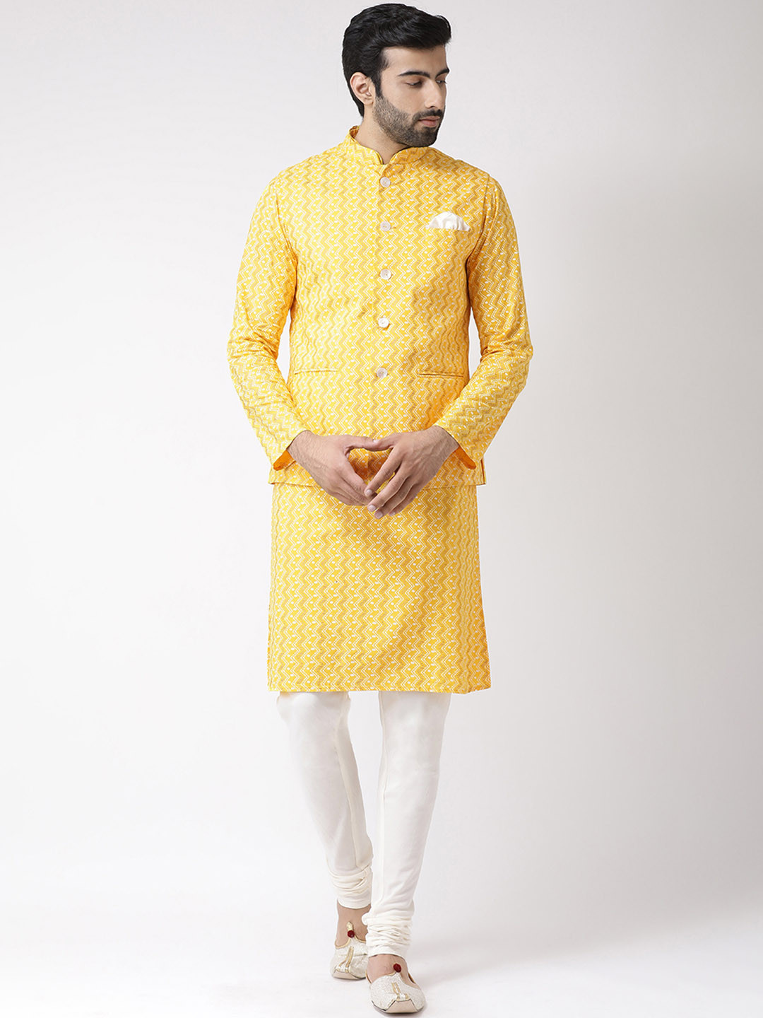 

KISAH Men Yellow & White Printed Kurta Set
