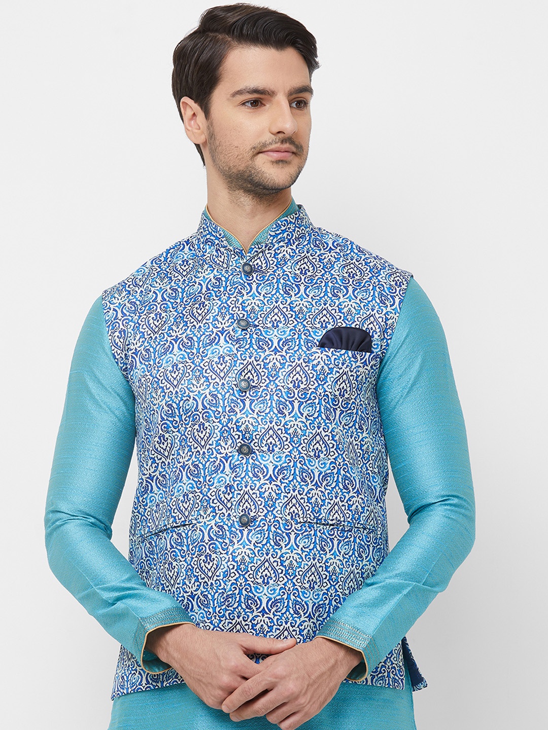 N Dot Men Blue & White Printed Woven Nehru Jacket