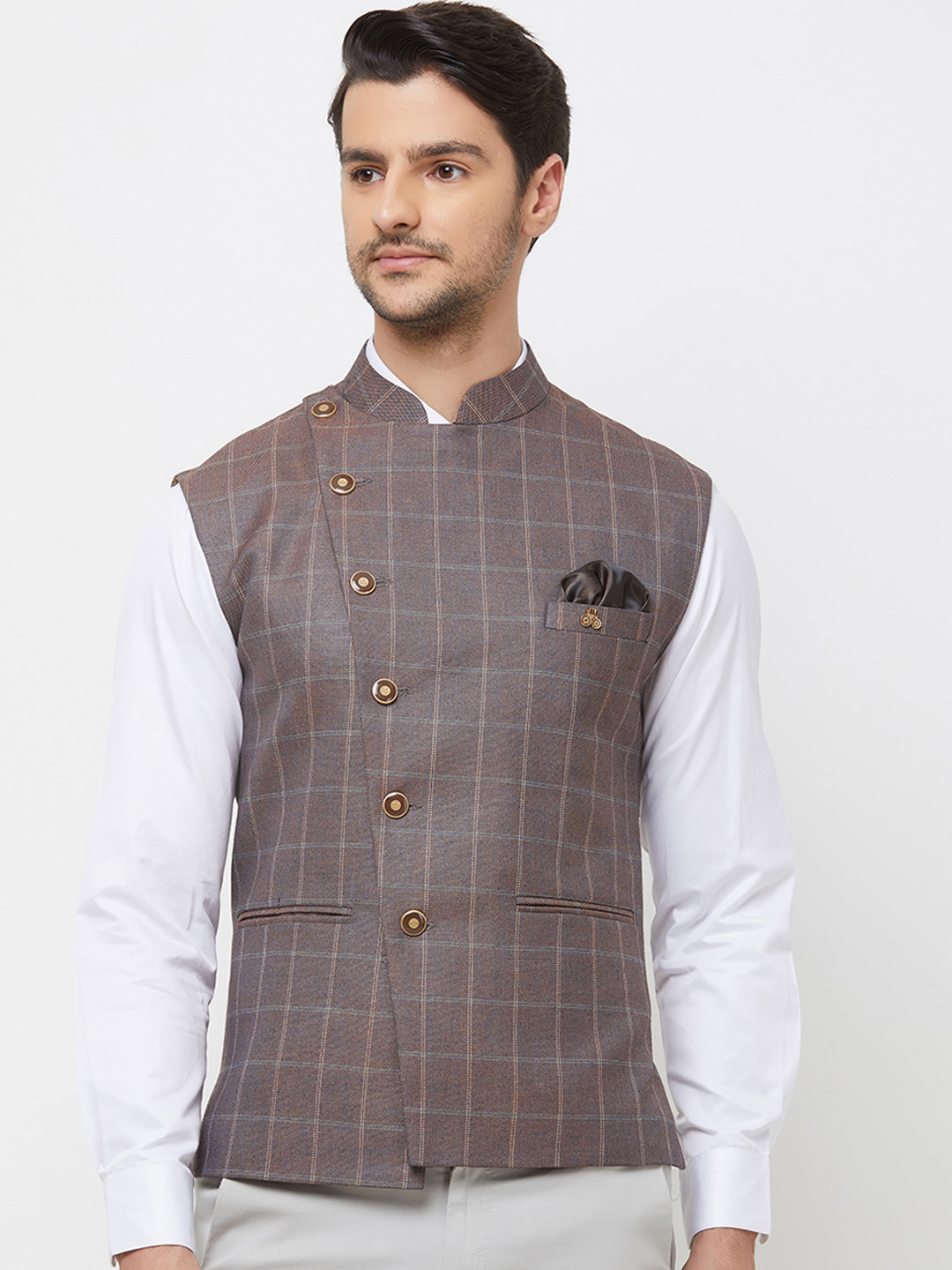

N Dot Men Brown & Blue Checked Woven Nehru Jacket