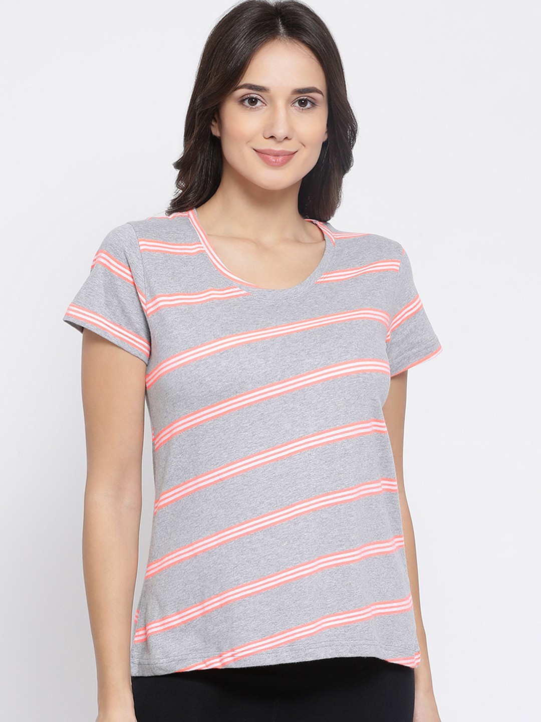 

Clovia Women Grey Striped Round Neck T-shirt