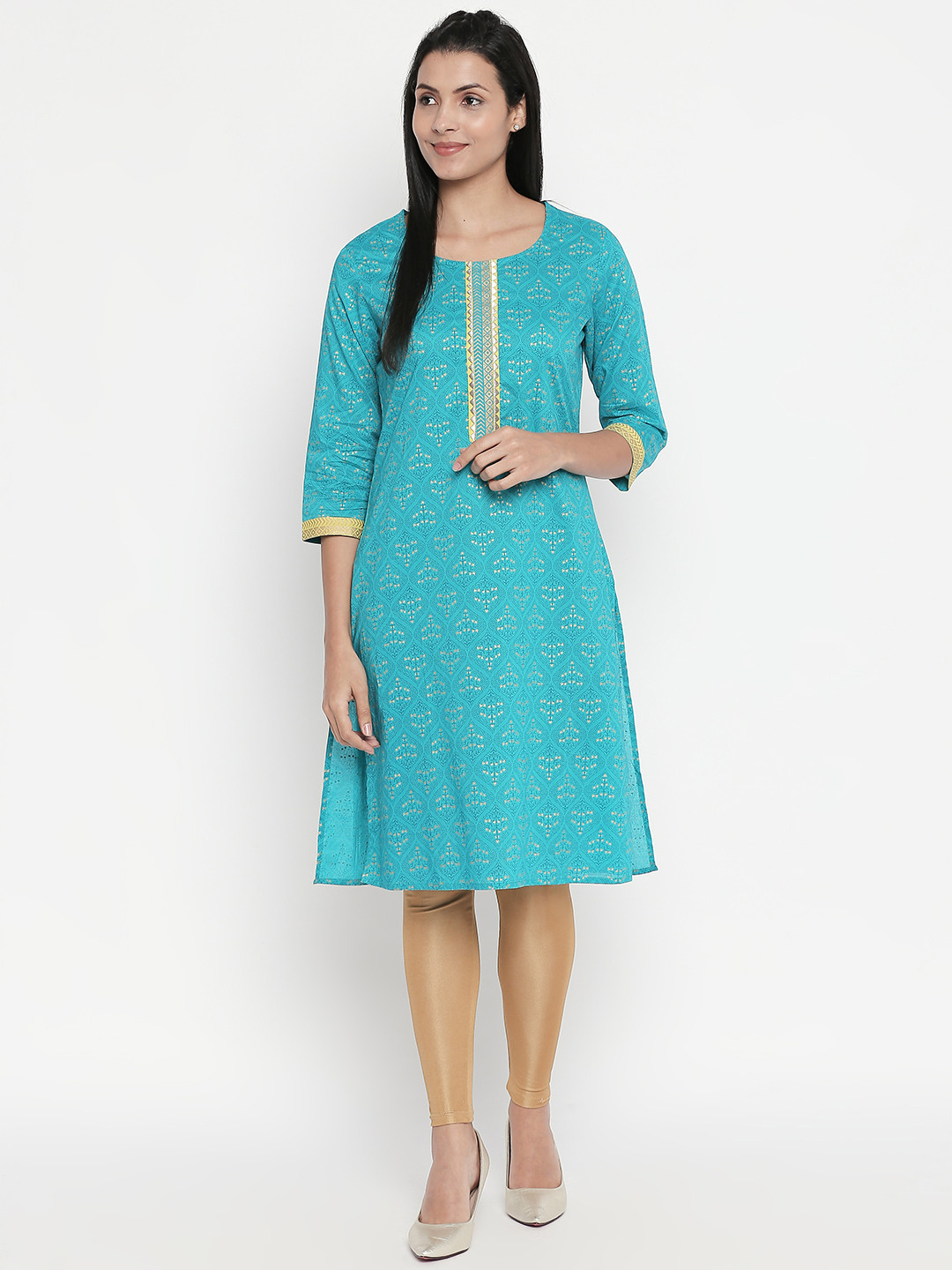 

RANGMANCH BY PANTALOONS Women Turquoise Blue & Gold-Coloured Printed Straight Kurta