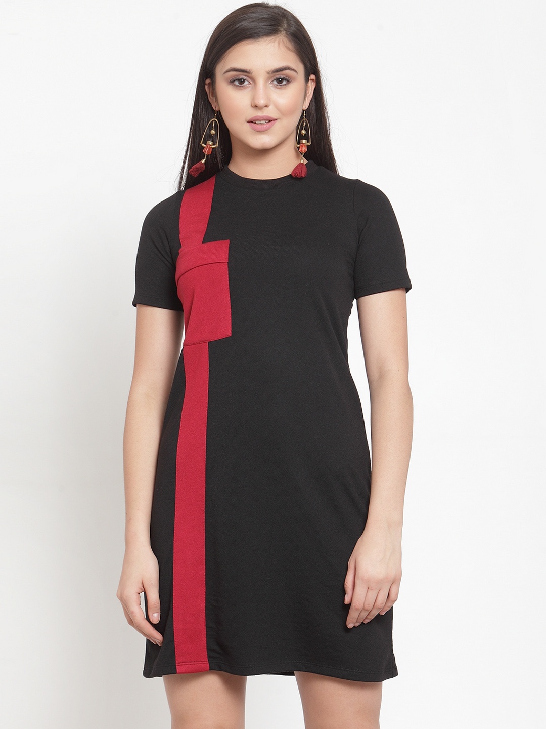 KASSUALLY Women Black & Red Colourblocked T-shirt Dress