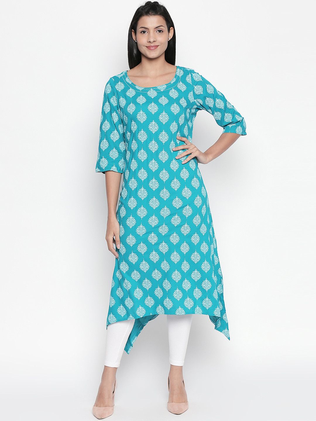 

RANGMANCH BY PANTALOONS Women Blue Printed Asymmetric Hemline Kurta