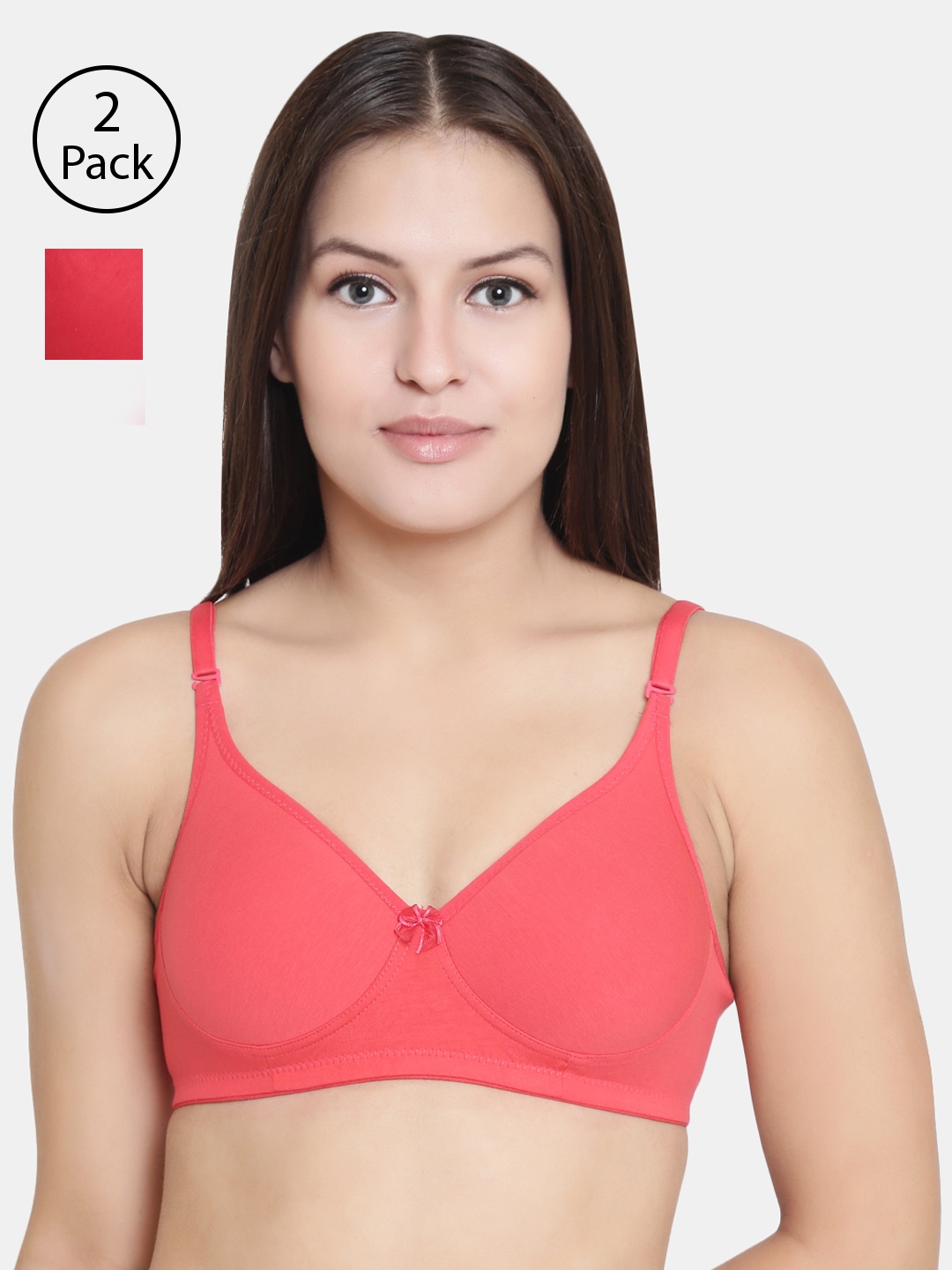

Floret Set Of 2 Peach-Coloured & Red Solid Non-Wired Lightly Padded T-shirt Bra
