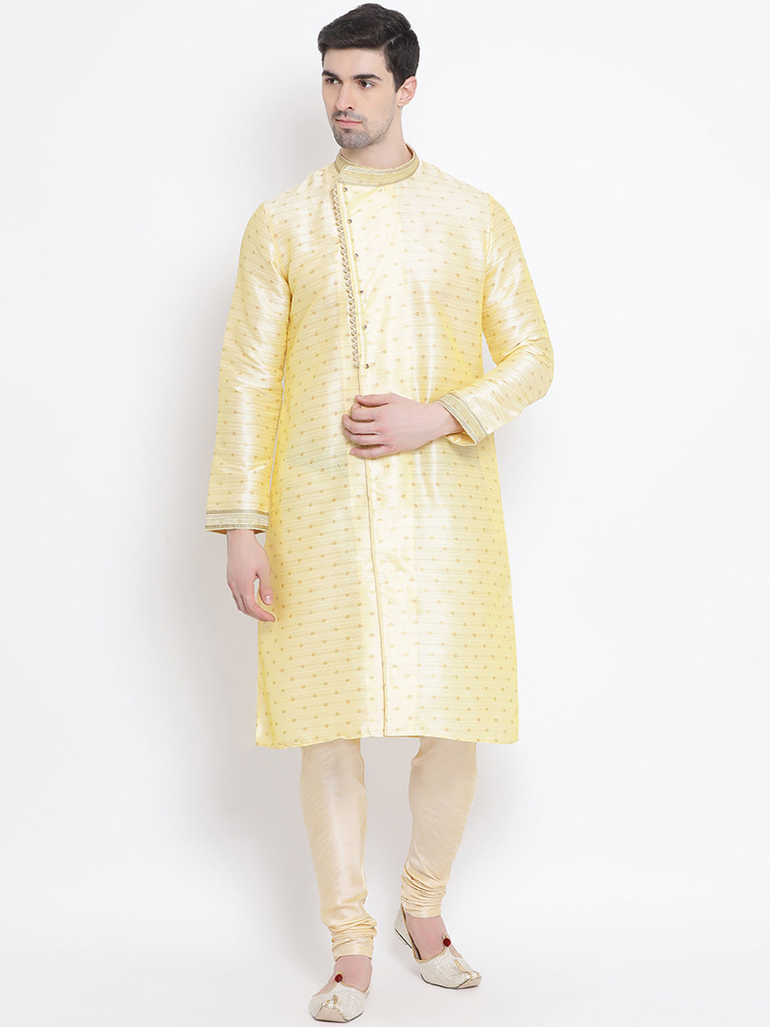 

Sanwara Men Yellow Silk Woven Design Straight Kurta
