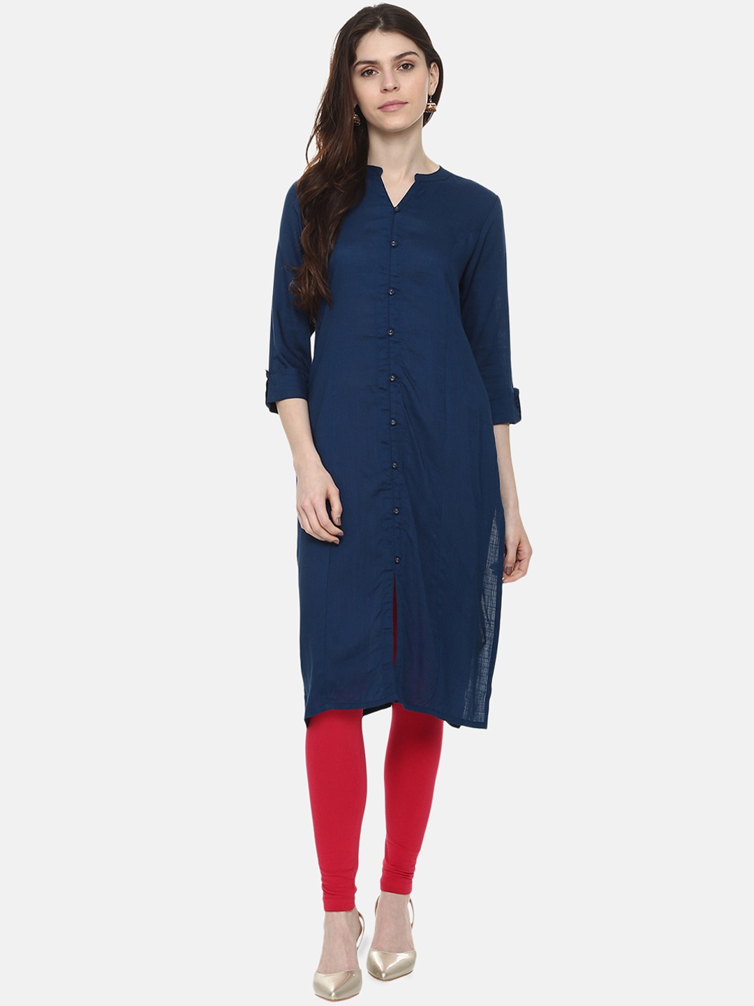 

People Women Navy Blue Solid Straight Kurta