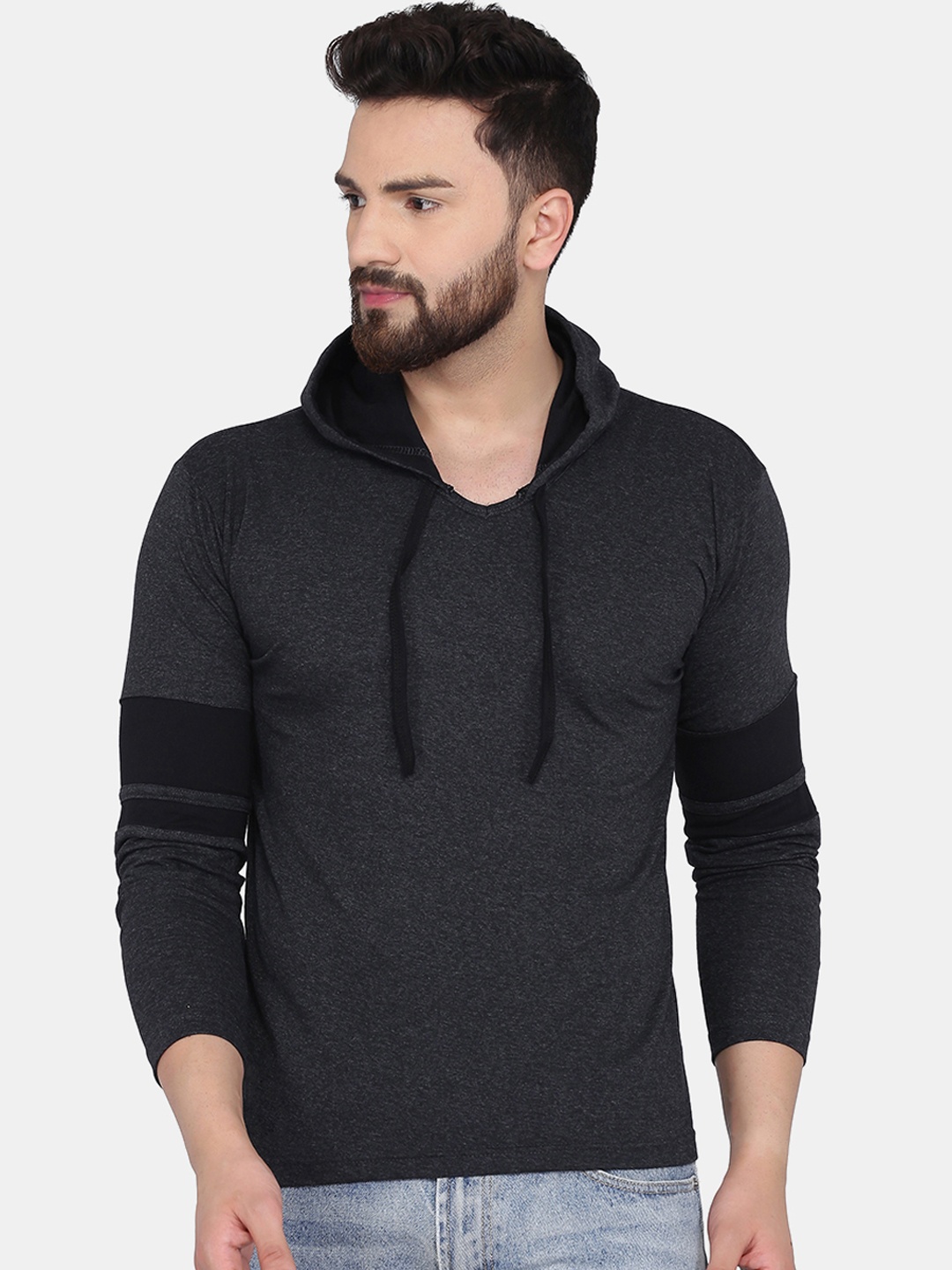 

KATSO Men Charcoal Solid Hood T-shirt