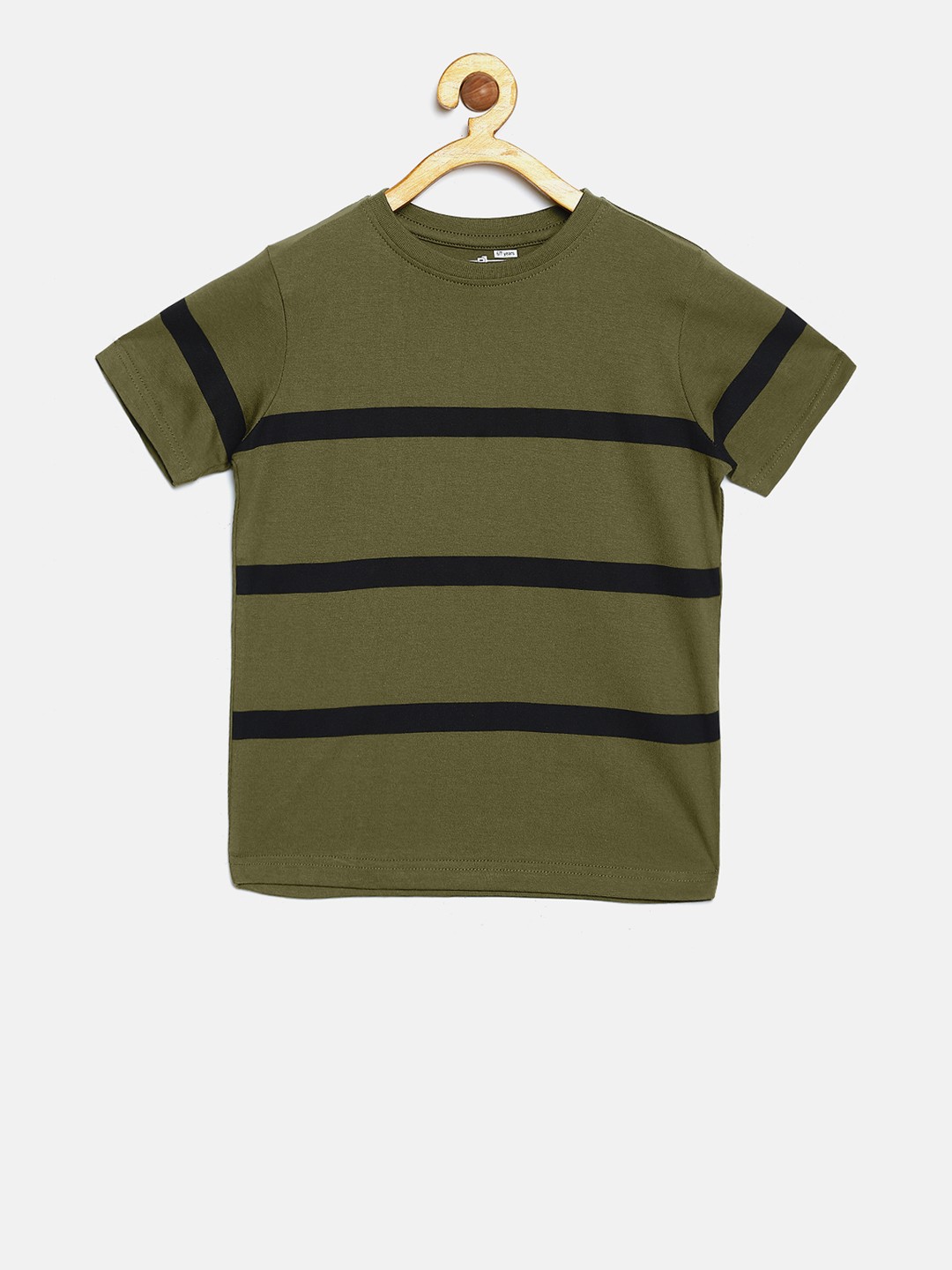 

DILLINGER Boys Olive Green Black Striped Round Neck Pure Cotton T-shirt