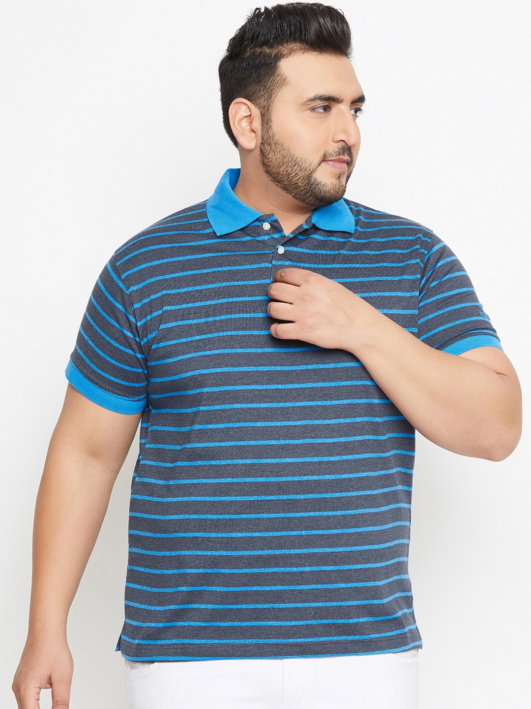 

bigbanana Plus Size Men Blue Striped Polo Collar Bio Finish Pure Cotton T-shirt