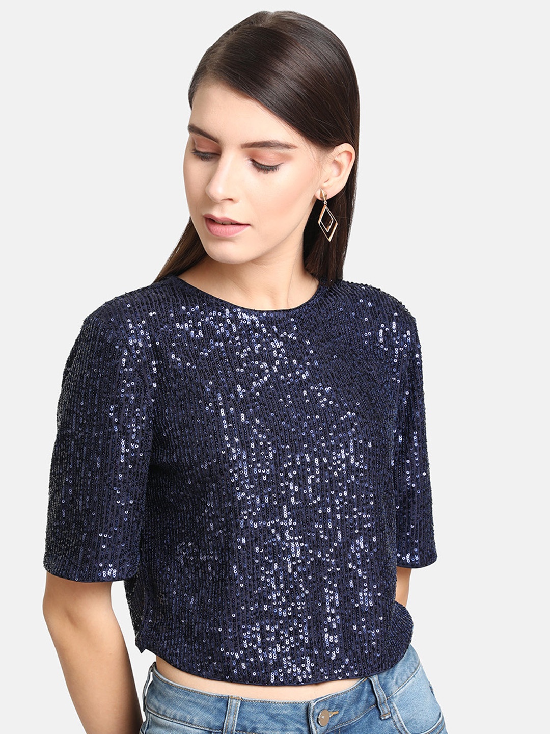 

Kazo Women Navy Blue Embellished Crop Top
