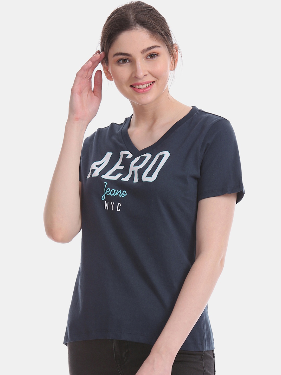 

Aeropostale Women Blue Printed V-Neck Slim Fit T-shirt